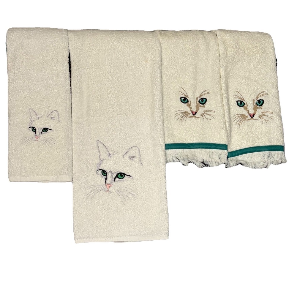 White Kitty Cat Towel/Hand Towel/R A Briggs Set 4 pieces Bath Embroidered